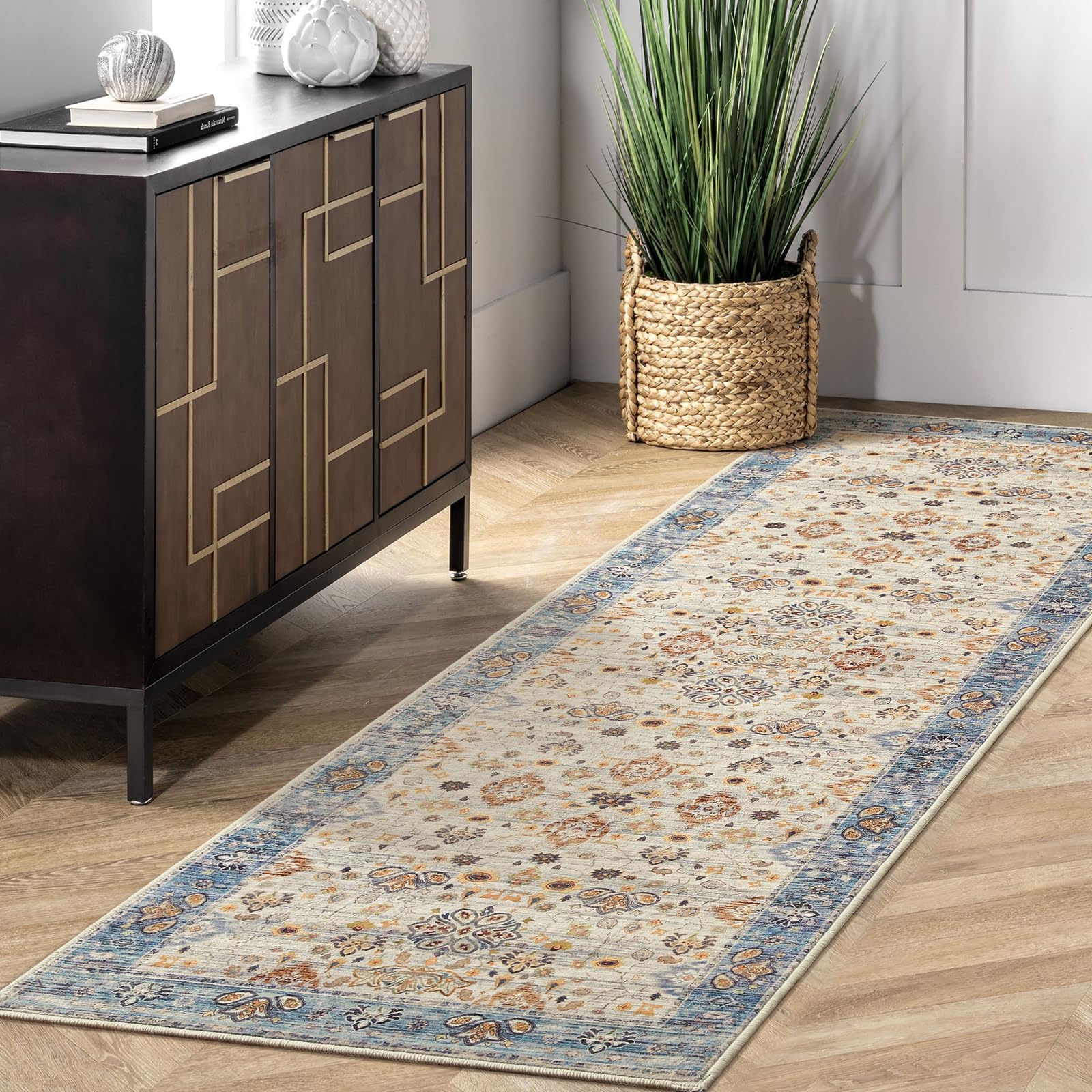Photo 1 of ***(HEAVILY USED/ MINOR DAMAGE)***Przemy Runner Rug for Bedroom, 2x6Ft Washable Non-Slip Area Rugs,Small Floral Carpet for Entryway Hallway Girls's Bedside Living Room, Blue and Beige