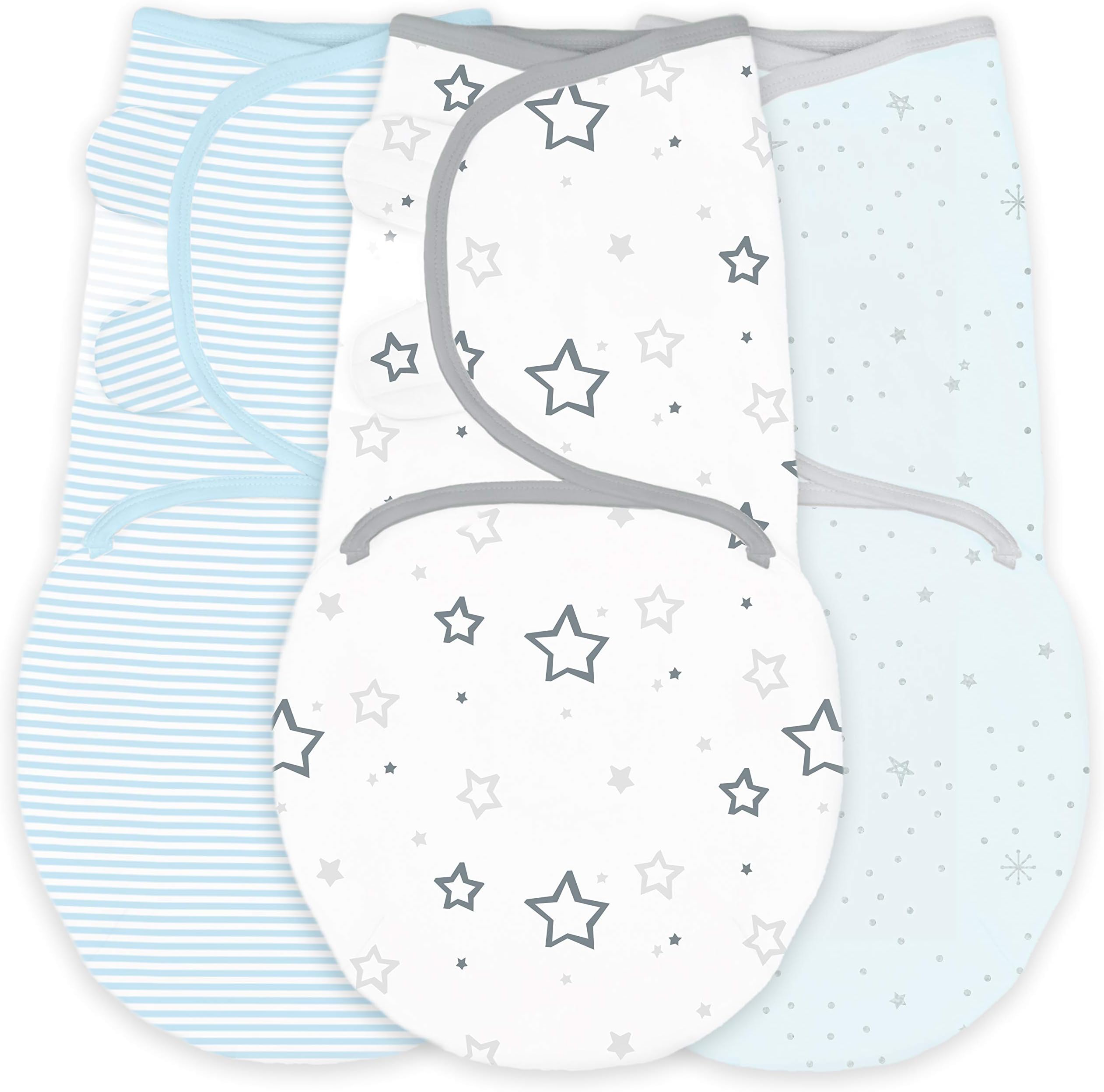 Amazing Baby Swaddle Blanket with Adjustable Wrap, Set of 3, Stars, Stripes and Starry Nite, Pastel Blue, Small, 0-3 Months