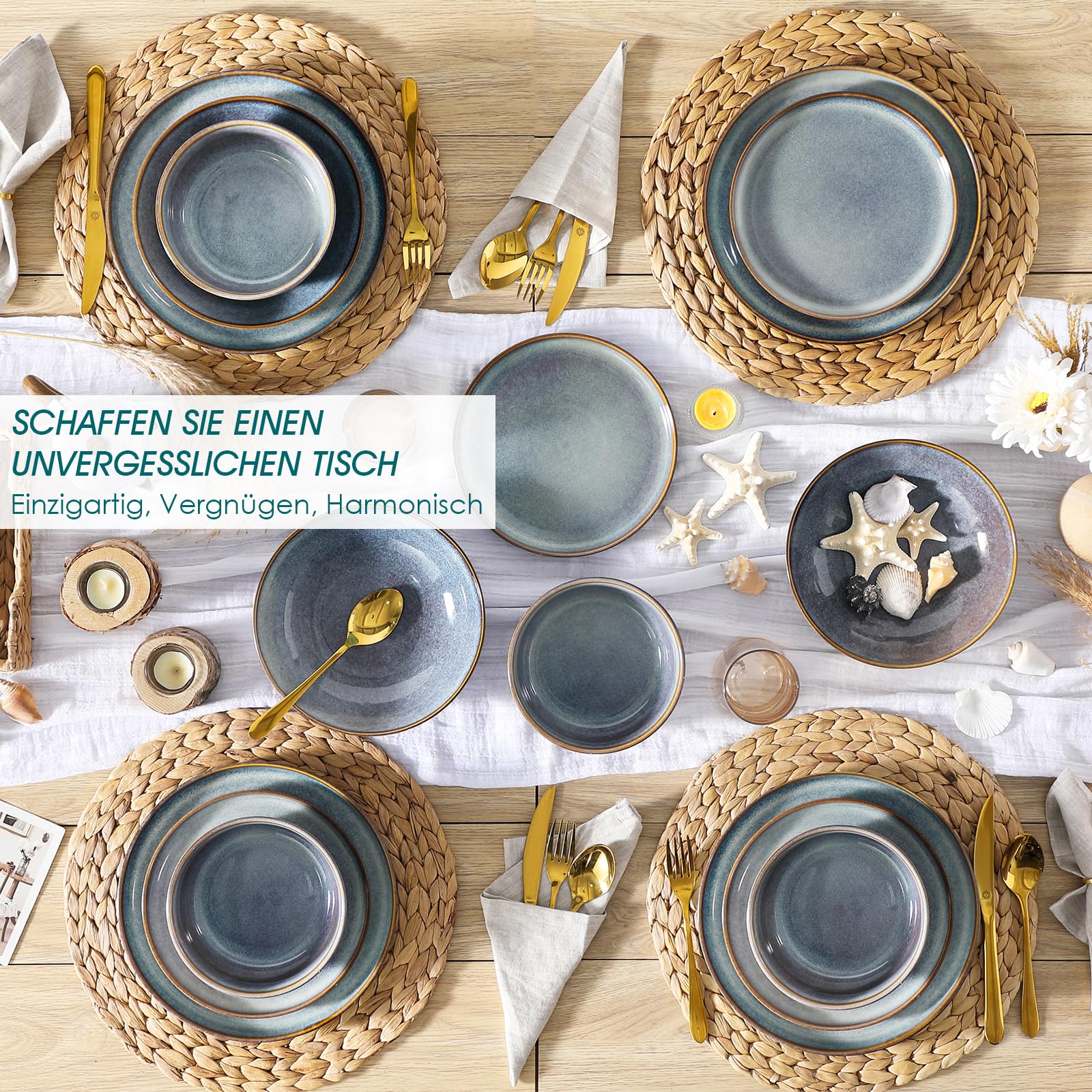 Geschirrset 6 Personen, vancasso PLAYA 24tlg Reaktive Glasur Steingut Tafelservice 6 Personen Modern, Beinhaltet Schüssel, Suppenteller, Dessertteller, Speiseteller, Spülmaschinenfest, Lavendelblau 8