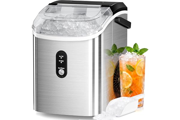 Nugget Countertop Ice Maker with Soft Chewable Ice, 35Lbs/24H, Pebble Portable Ice Machine with Ice Scoop, Self-Cleaning, One-Click Operation, for Kitchen,Office Stainless Steel Silver