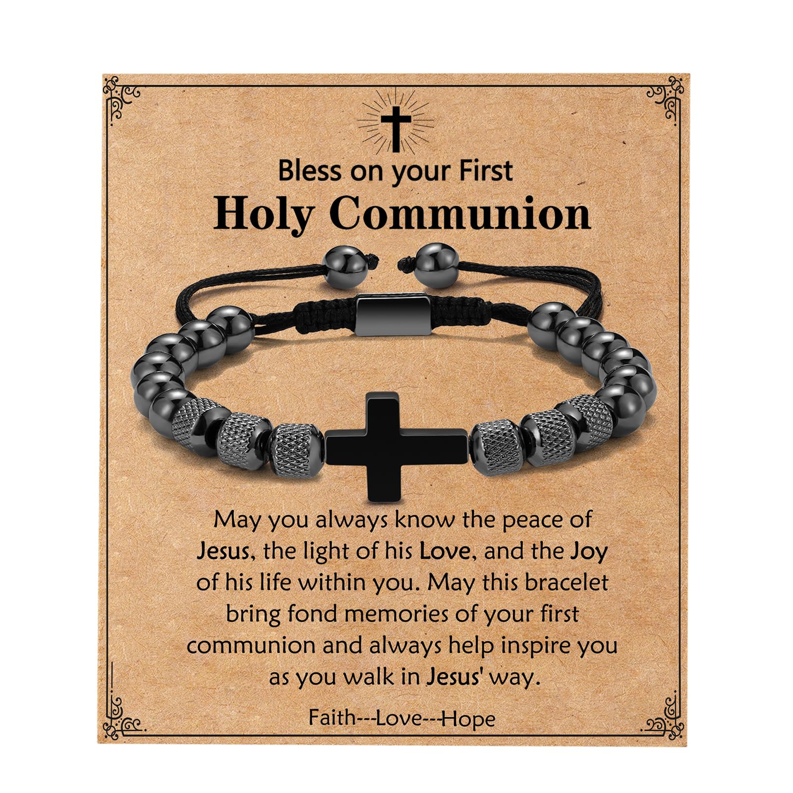 VULETO Cross Bracelet Gifts for Boys Men, Adjustable Obsidian Beads Bracelet Christian Religious Bapstim Jewelry Gifts for Son Grandson Teenage Teen Boys