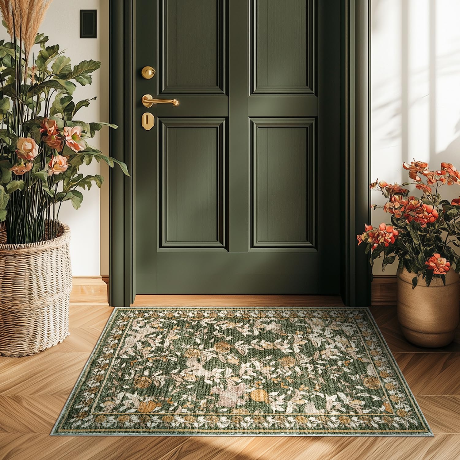 Photo 1 of jinchan Floral Area Rug 2x3 Entryway Vintage Washable Indoor Doormat Accent Rug Lightweight Soft Small Non-Slip Low Pile Distressed Green Carpet for Entrance Kitchen Bedroom Bathroom