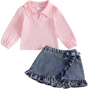 ZIXILOVGIR Toddler Baby Girl Fall Outfits Long Sleeve Lapel Collar Ribbed Shirt Tops Ruffle Jean Skirt Set Cute Clothes