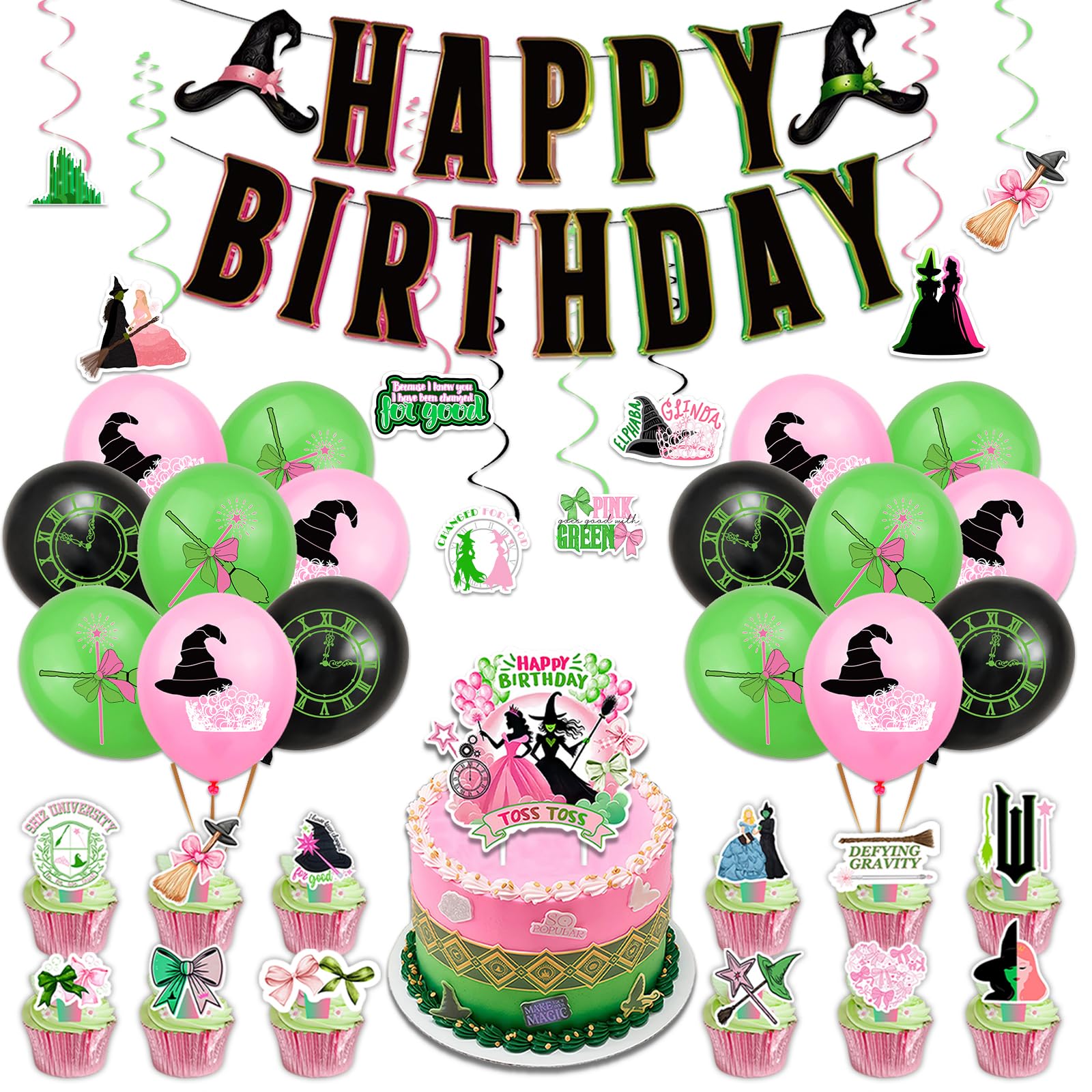 Photo 1 of 38Pcs Witch Movie Birthday Decorations- Witch Party Decorations- Banner Hanging Swirls, Cake Toppers, Cupcake Toppers &16Pcs Balloons for Birthday Party Supplies