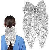 JazSwirl Hair Bows for Women, 20x38cm Large Hair Bows Clip Black and Silver, Cute Hair Bow Clips Ribbon Bows for Hair (Silver)
