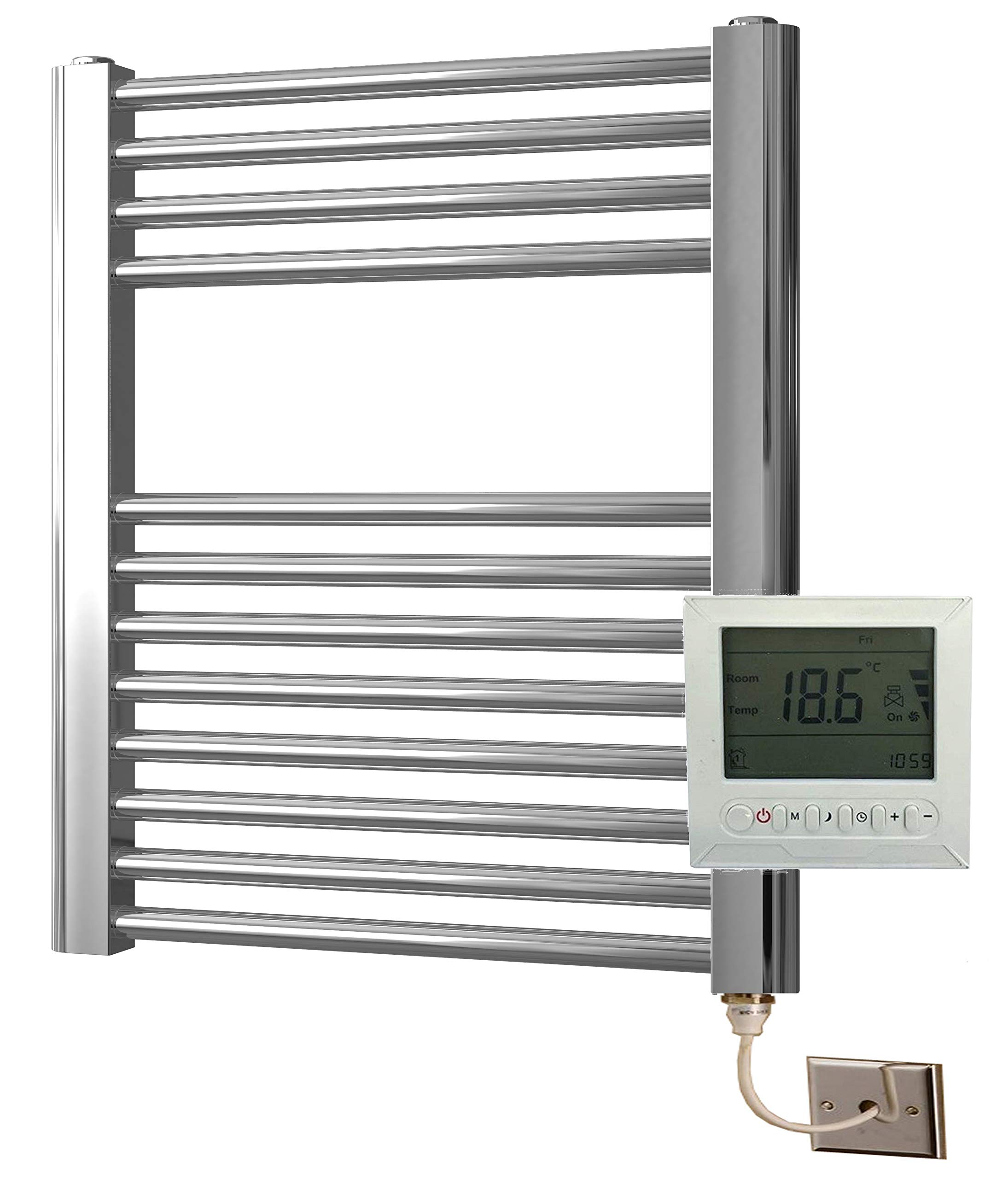 Greened House Electric 500 Wide x 600 high Flat Chrome Towel Rail with 7 Day Programmer/Room Thermostat
