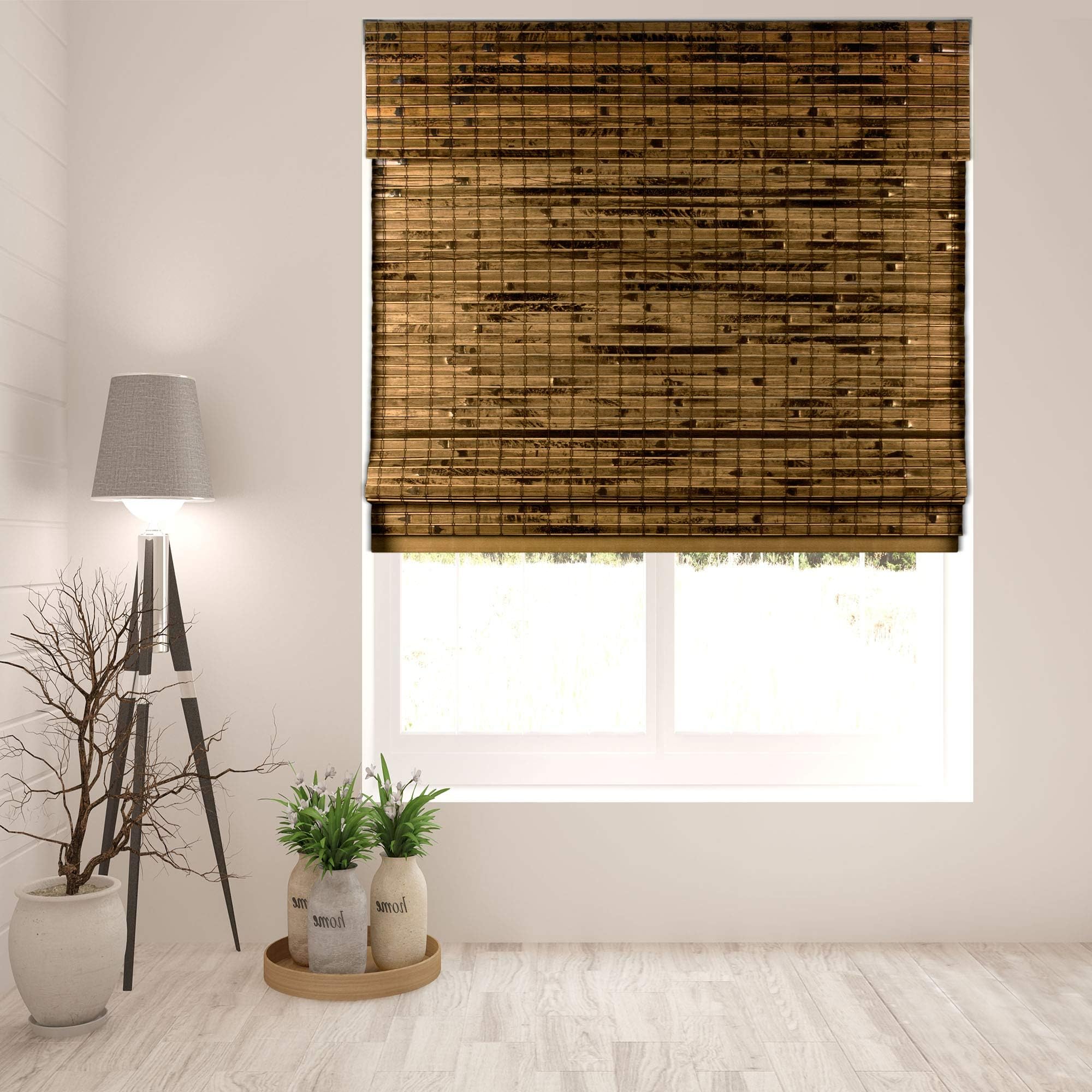 Arlo Blinds Cordless Java Deep Bamboo Roman Shades Blinds - Size: 42" W x 74" H, Cordless Lift System ensures Safety and Ease of use.