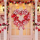 Zeyune Valentine's Day Heart Wreath Decor 17.7 Inches Artificial Heart Shaped Pink Wreath with Red Berries Striped Hearts Bow Decorations for Front Door Wall Decor Wedding Anniversary Mother Day