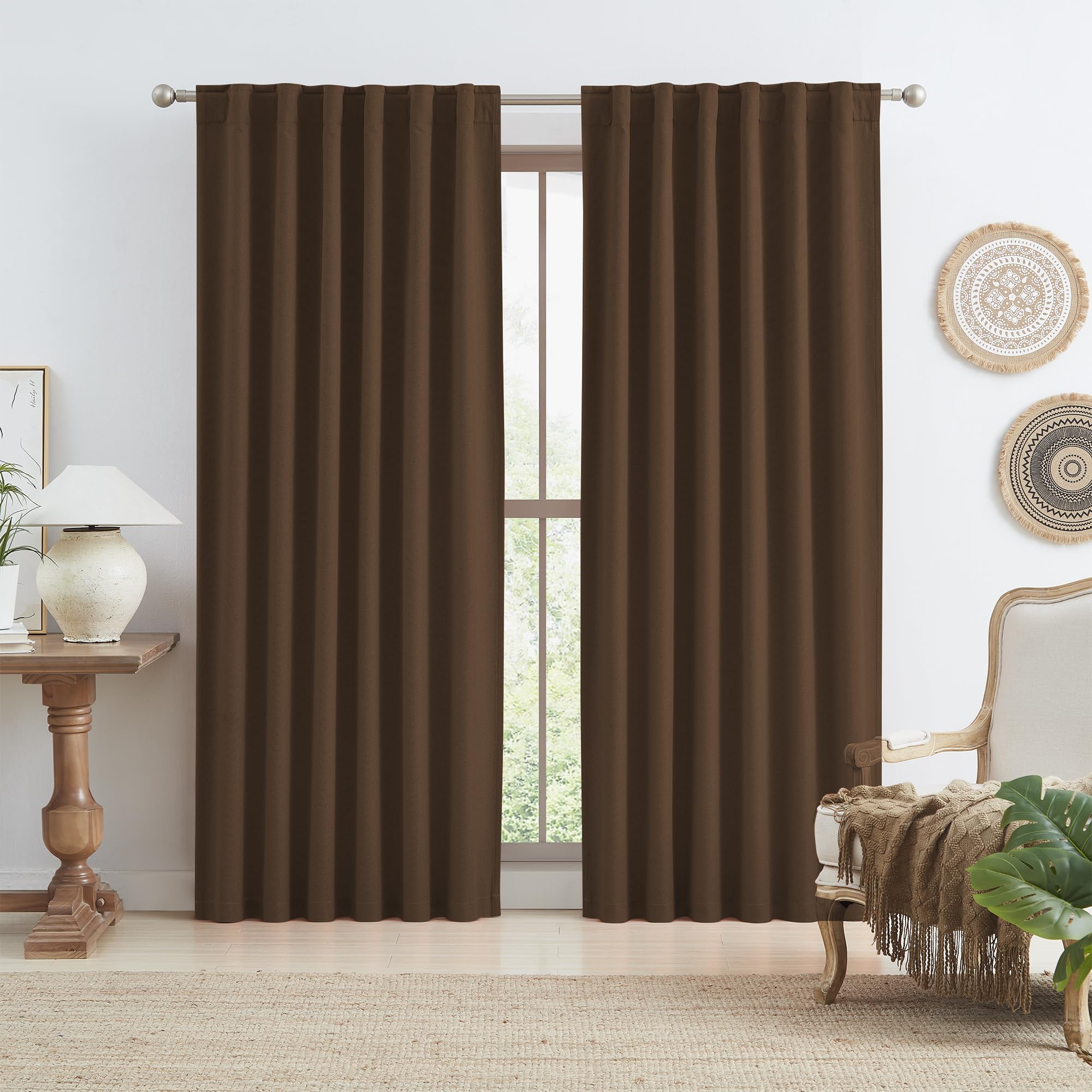 Photo 1 of KEQIAOSUOCAI Brown Linen Blackout Thick Curtains 96 Inch Long for Bedroom Living Room, 100% Black Out Heavy-Duty Curtain Drapes Chocolate Brown 50 Wide by 96 Length 2 Panels Back Tab Rod Pocket