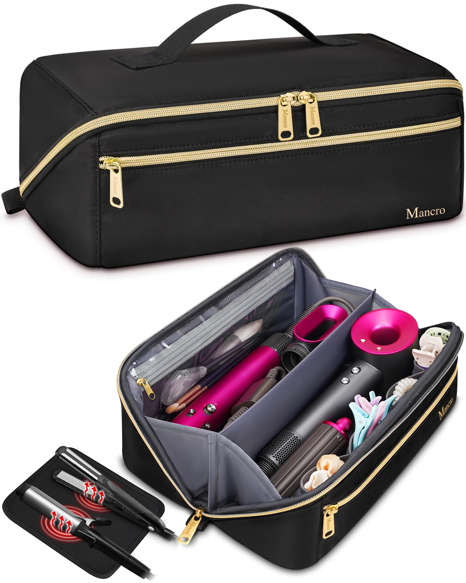 Photo 1 of Mancro Hot Hair Tools Travel Bag with Separate Heat Resistant Mat, Large Capacity Wide-open Pouch, Hair Accessories Organizer for Flat Irons, Straighteners, Curling Iron,Travel Essentials for Women