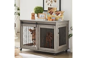 IchbinGo Dog Crate Furniture with Sliding Barn Door, 39" Wooden Dog Kennel End Table with Wheels and Flip-top Plate Dog House with Detachable Divider for Small/Medium/Large Dog (Rustic Grey)