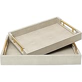 SwallowLiving Set of 2 Shagreen Serving Tray with Gold Polished Metal Handles Ivory Wood Decorative Tray PU Leather with Brushed Gold for Coffee Table Ottoman Console Table