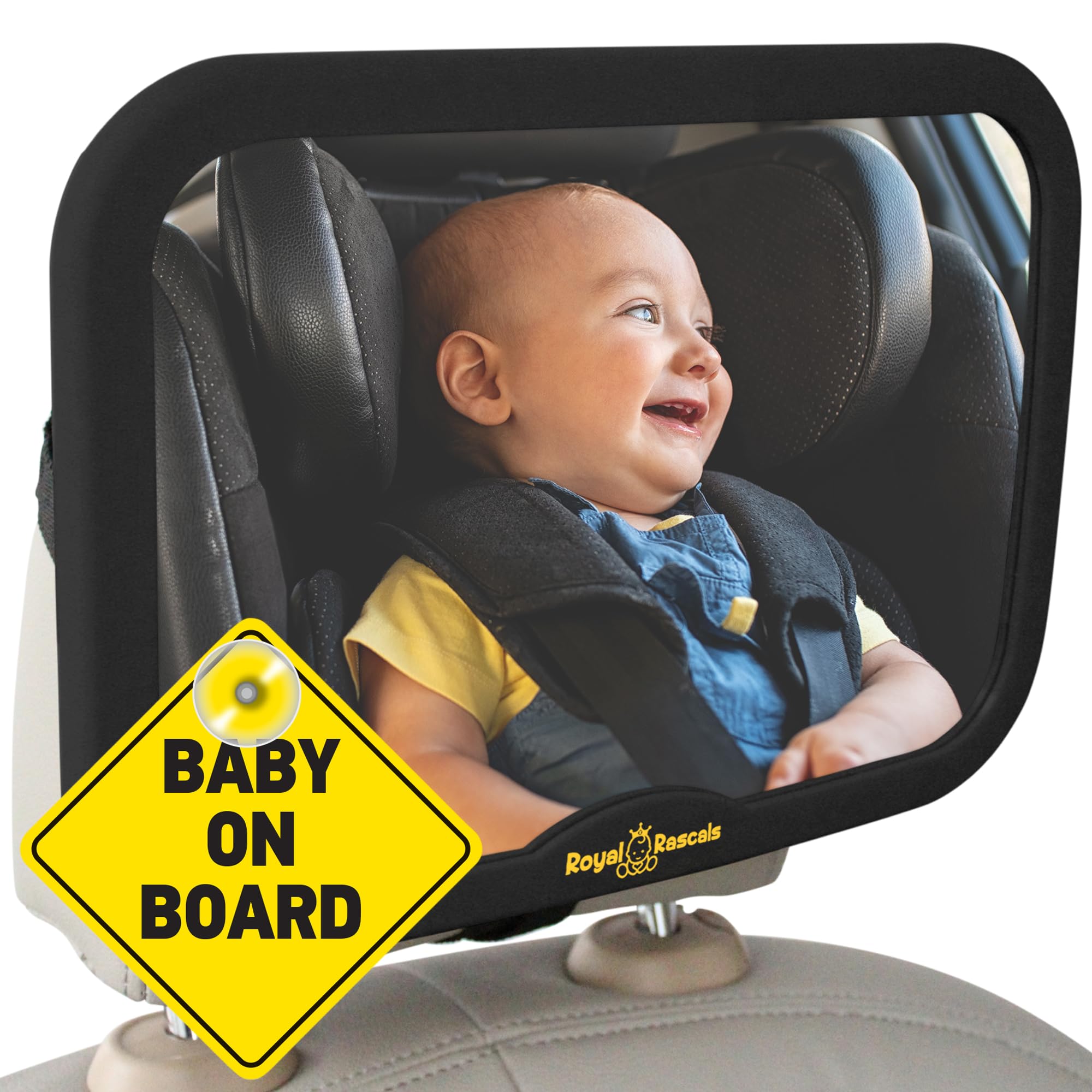 Royal Rascals Lockable Baby Car Mirror for Back Seat - Shatterproof Car Rear View Mirror w/360° Rotation, Adjustable & Sturdy Mount, Essentials for Newborn Safety + Baby on Board Sign, Black
