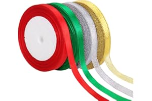 Tsorode 4 Rolls 100 Yards Christmas Ribbon for Gift Wrapping,3/8 Inch Glitter and Satin Ribbons,Thin Christmas Ribbon for Crafts DIY Holiday Xmas Decorations