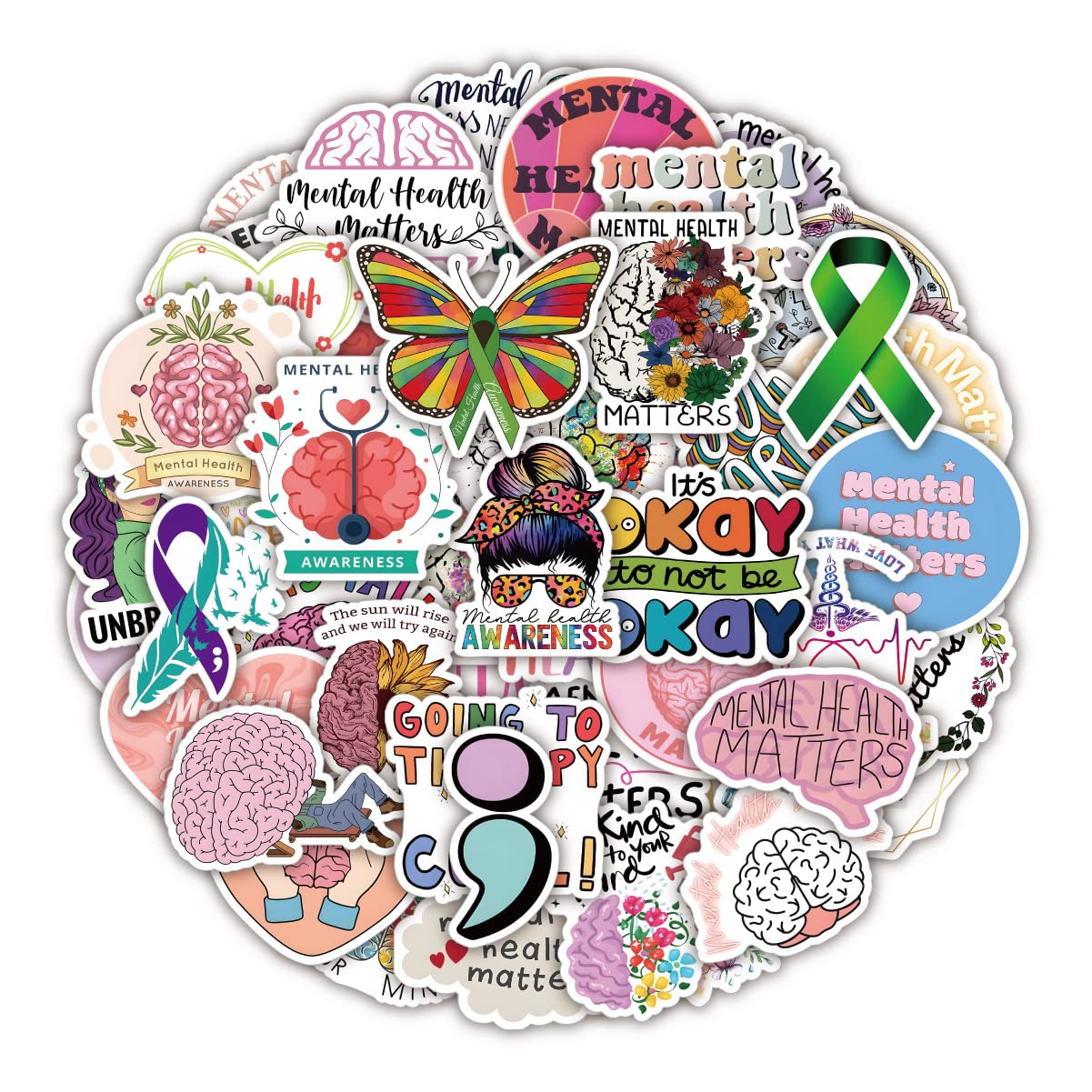 50PCS Mental Health Awareness Stickers - Gift for Children, Teens, Adults & Kids - Waterproof Stickers for Laptop, Scrapbook, Water Bottle, Skateboard, Journal, Wall, Car, Bicycle
