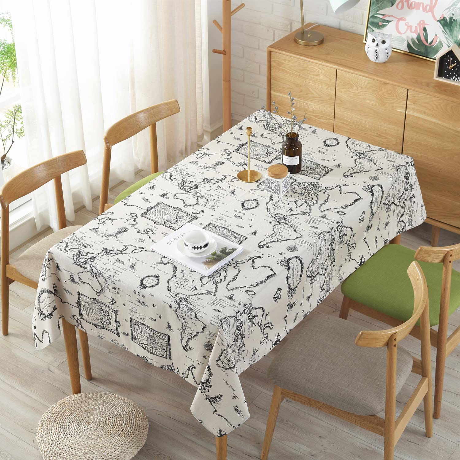 Photo 1 of LOONELO World Map Tablecloth,Cotton Linen Fabric Map Table Cover with 86.6x55.1inch,Washable Rectangle World Map Printing Table Cloth for Kitchen Dinning Tabletop Home Decorations
