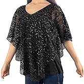 Brittany Black Women’s V-Neck 3/4 Sleeve Lace Poncho Floral Print Knit Blouse