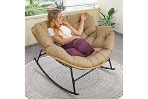 BULEXYARD Outdoor Papasan Rocking Chair with Padded Cushion, Oversized PE Rattan Comfy Royal Rocking Lounge Chair, Modern Comfy Patio Egg Chair Indoor Outdoor (1 pc, Brown)