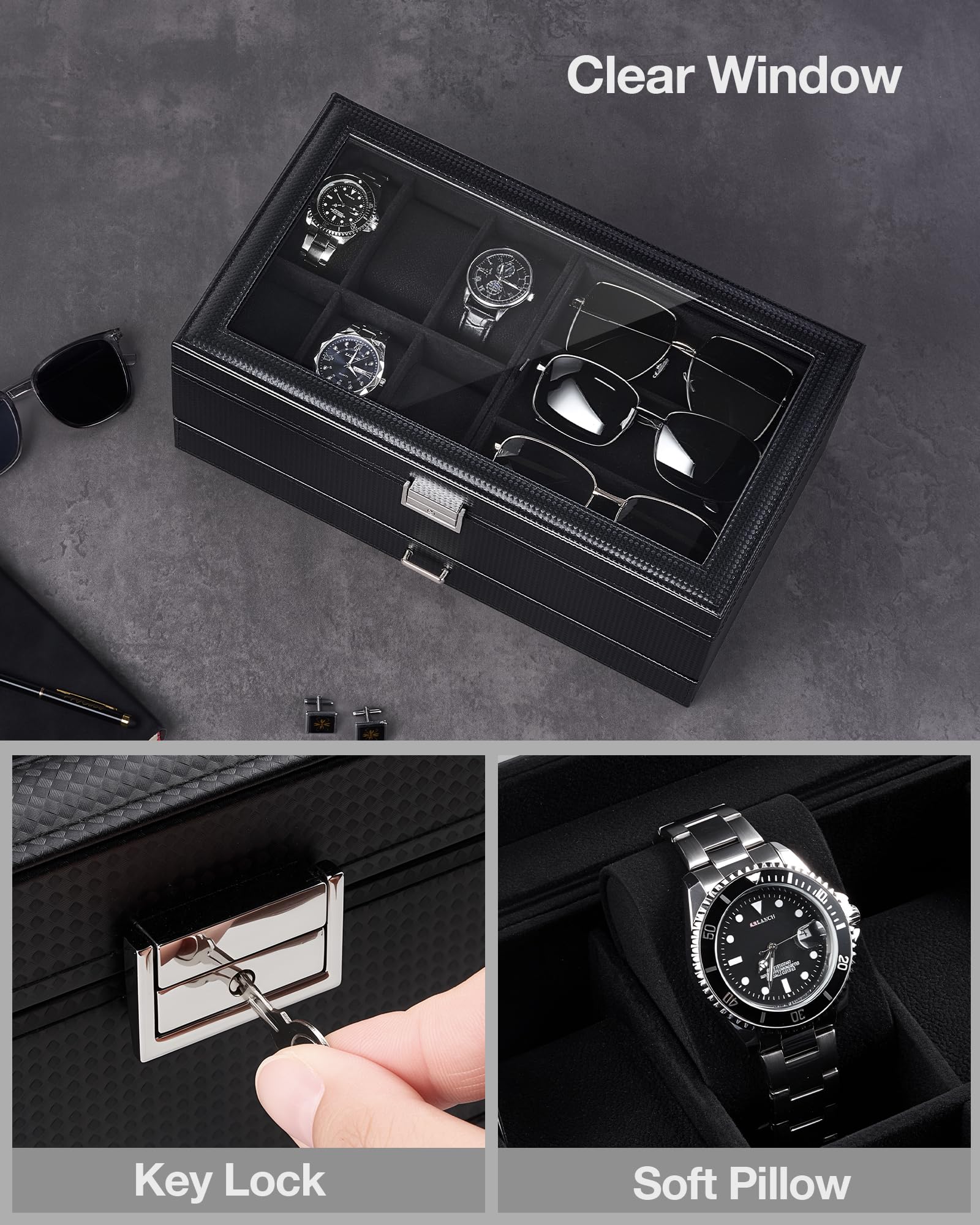 ProCase ProCase Mens Jewelry Box, Lockable 6 Slot Watch Case & 3 Slot Sunglasses Organizer, 2-layer Mens Jewelry Organizer Watch Box for Men, Watches Holder Display Storage Birthday Christmas Gifts -AllBlack