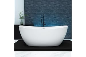 MEDUNJESS 65'' Freestanding Solid Surface Resin Stone Bathtub, Freestanding Tub, Contemporary Design Stand Alone Tub with Pop-up Drain and Overflow, cUPC Certified, Matte White (Oval)…