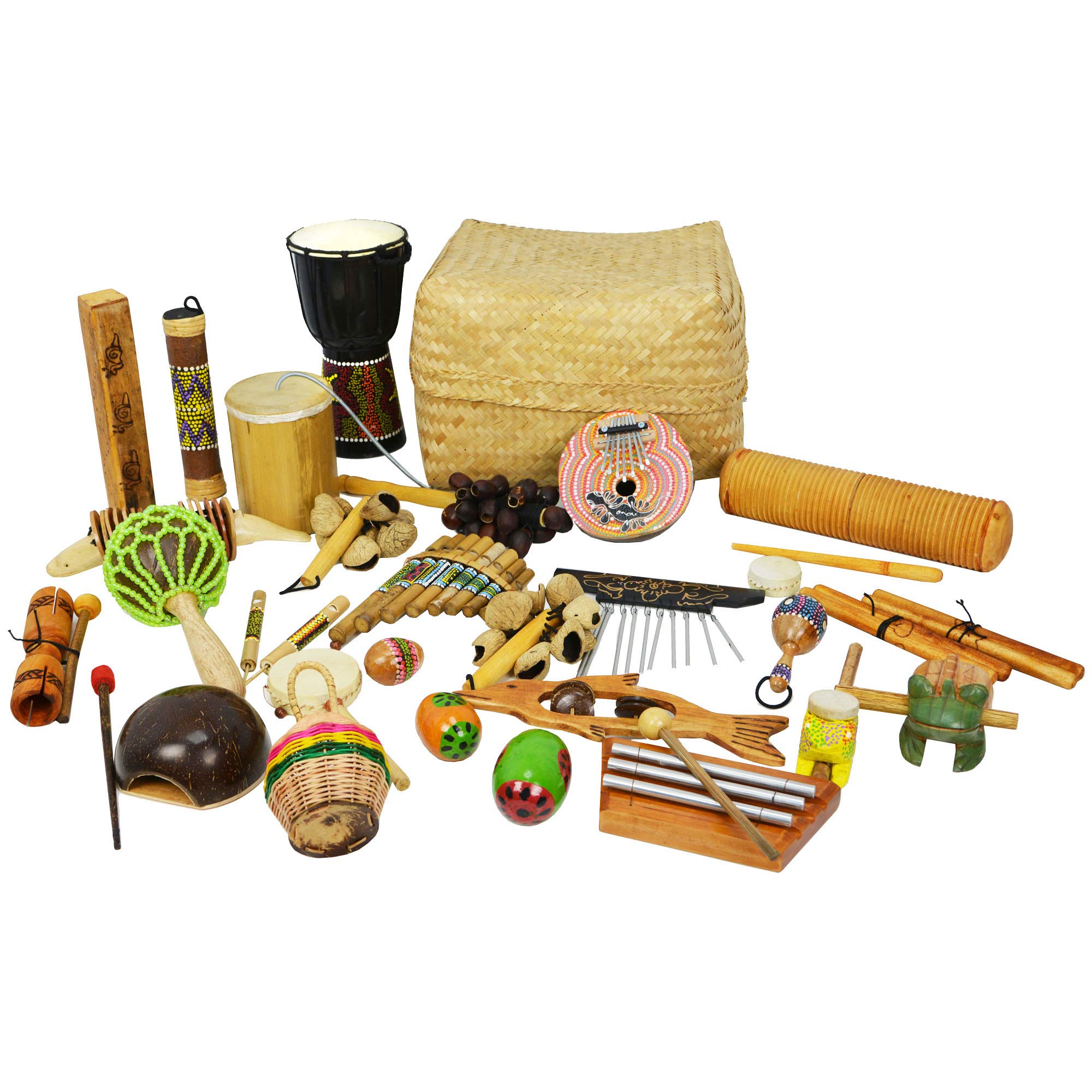 A-Star 30 Piece Multicultural Percussion Set in Basket, Hand Crafted Educational Musical Instruments for Children