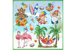 Mfault Summer Gnome Window Clings 9 Sheets, Tropical Tiki Flamingo Parrot Birds Palm Tree Stickers Decal Decorations, Hawaii Surfboard Hibiscus Flower Seasonal Home Kitchen Decor