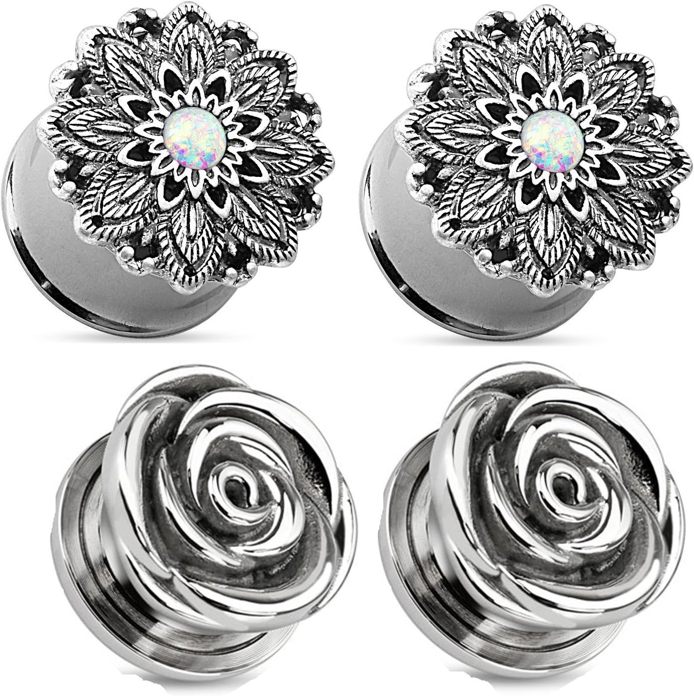 Zaya Body Jewelry 2 Pairs of Steel Opal Rose Gauges Ear Plugs 0g 00g 1/2 9/16 5/8 inch
