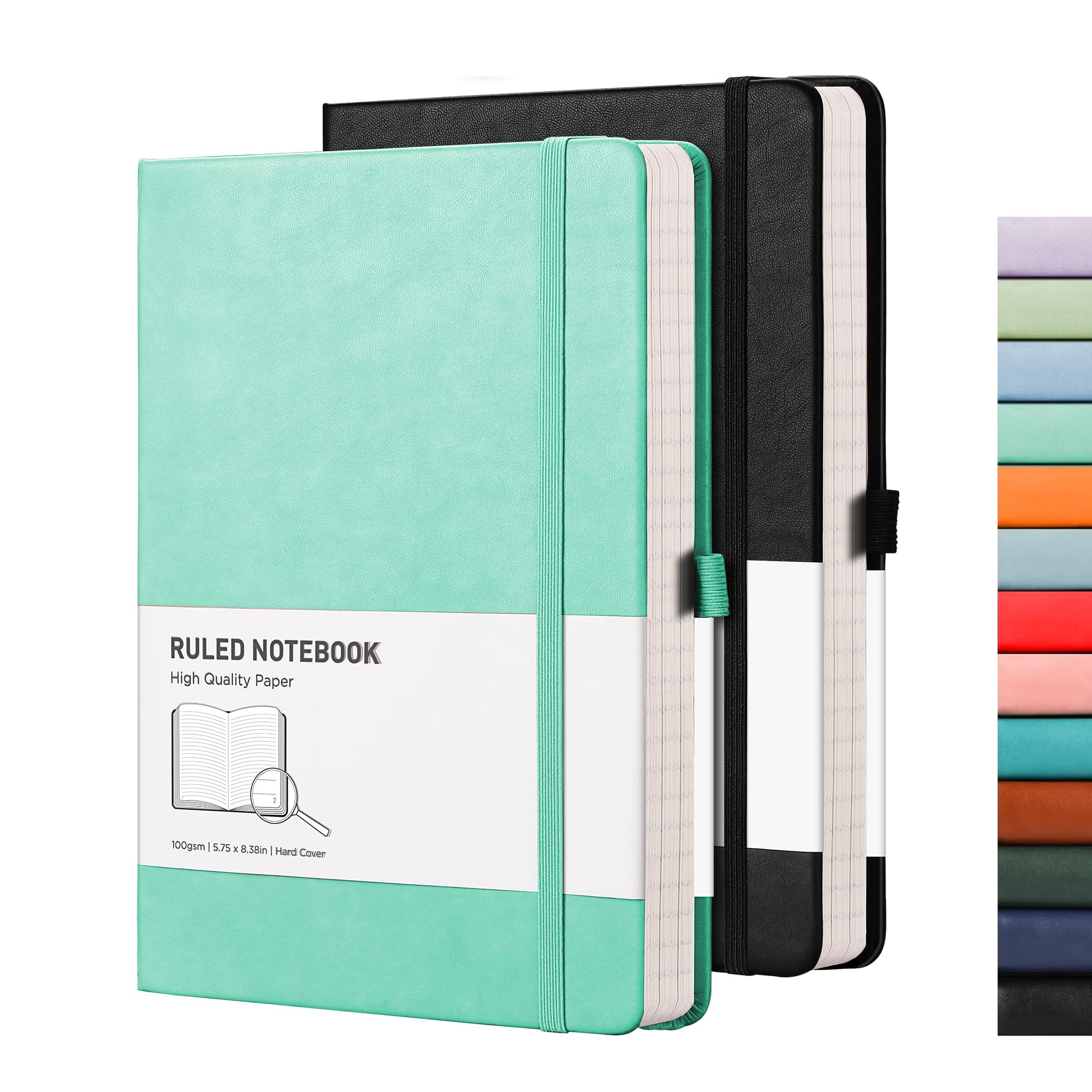 RETTACY Notebook A5 Lined Hardback 2 Pack - Thick Journal with 376 Numbered Paper,2 Free Sticky Notes Divider,100gsm Paper, Pen Loop, Inner Pocket, 14.5 x 21cm - Black Mint Green — image 1