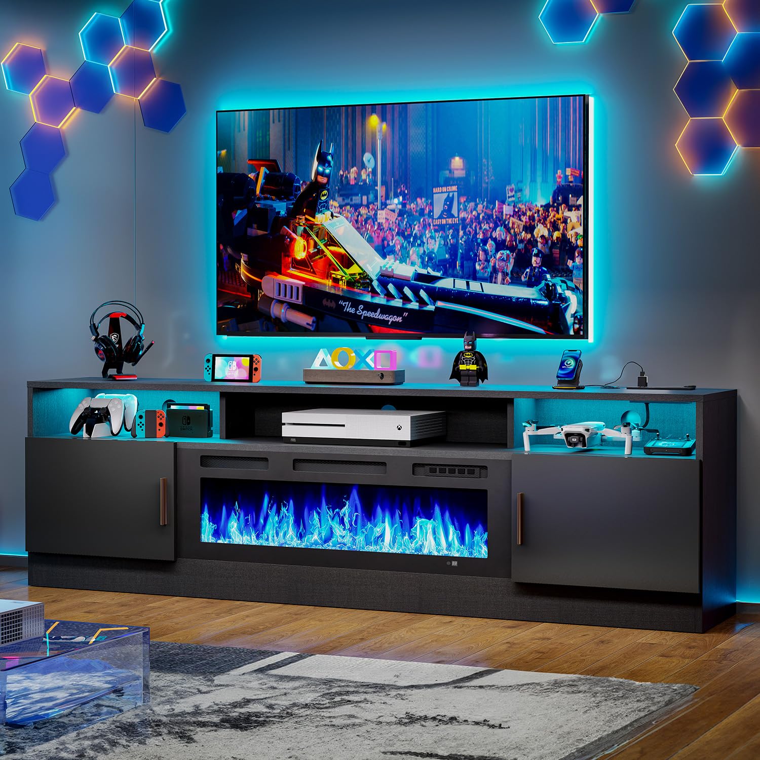 Photo 1 of **fireplace insert**MXV 70" Fireplace TV Stand with Power Outlet for TVs UP to 80", Electric Fireplace Entertainment Center with LED Lights & Storage Cabinets, TV Console for Living Room, Office, Black-Black