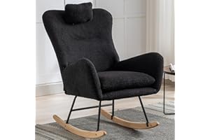 LUSPAZ Rocking Chair, Soft Teddy Velvet Fabric Rocking Chair for Nursery, Comfy Wingback Glider Rocker with Safe Solid Wood Base for Living Room Bedroom Balcony, Black