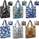 BeeGreen Shopping Bags Cloth Grocery Bags Foldable Travel Bag Tote Bags Bulk - Reusable Gift Bags with Handles (6 Pack) - Heavy Duty Large Washable Animal Holiday Design for Women Travel & Groceries