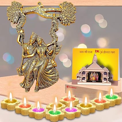 Archies Diwali Decorations Gift Items Combo - Handmade Metal Radha Krishna Modern Art Wall Hanging Jhula with Pack of 1 Ram Mandir 3D Card & 10 Clay Diyas for Festival Season Gifting (Set of 3)