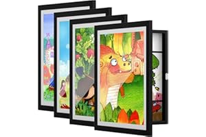BAIJIALI Black Art Frames for Kids Artwork - Front Opening Holds 150 Drawings, 3D Crafts - 4 Packs 8.5x11 with mat or 9x12 without Mat