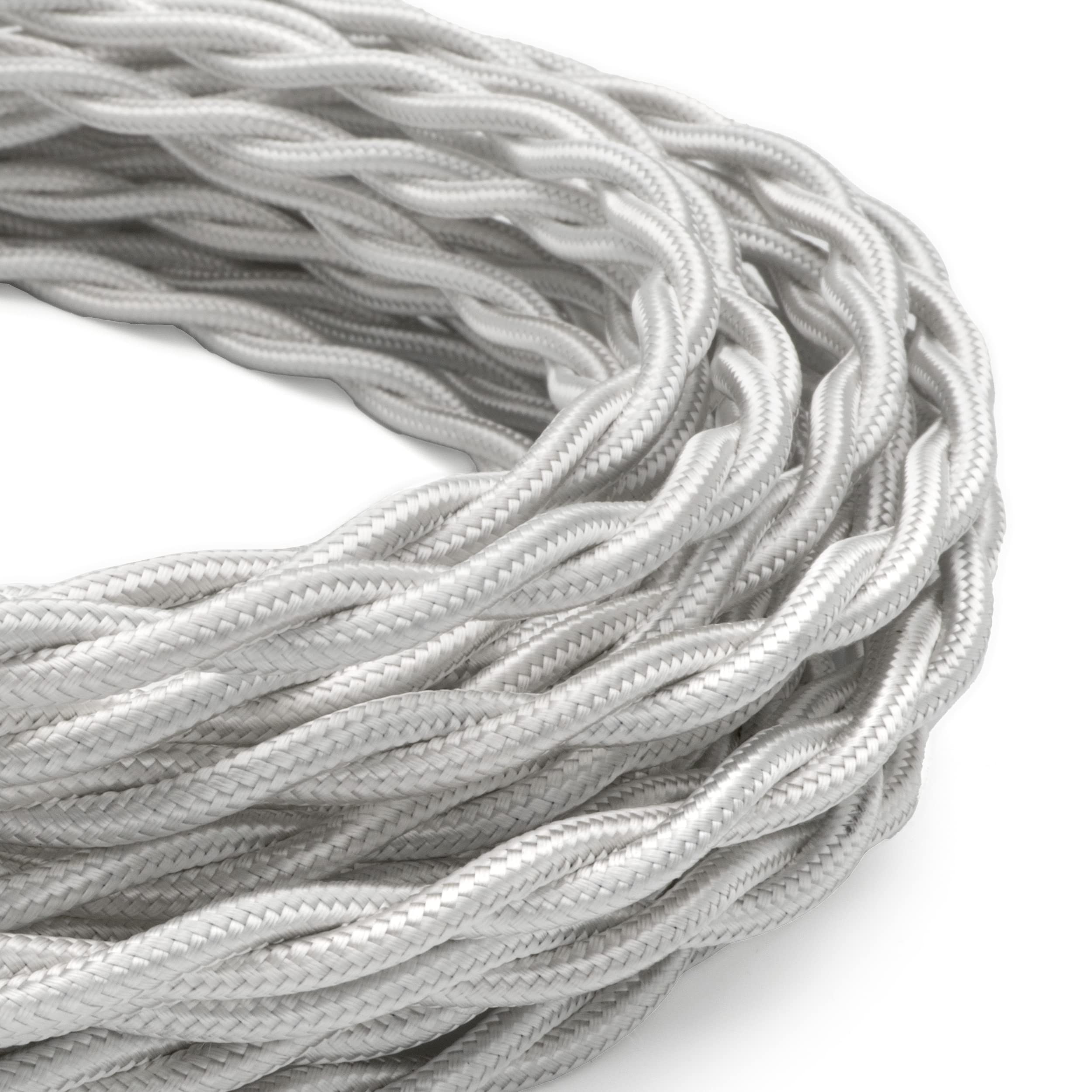 Amarcords - textile color WHITE electric cable, braided, silk, 5 meters, 2 conductors 2x0.75 - Wire coated in colored vintage fabric for chandeliers and lamps applique lampshades.