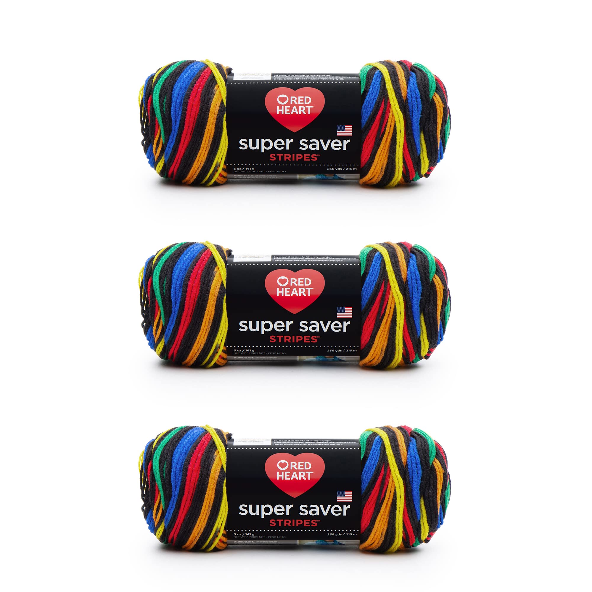 Photo 1 of Red Heart Super Saver Primary Stripes Yarn - 3 Pack of 141g/5oz - Acrylic - 4 Medium (Worsted) - 236 Yards - Knitting/Crochet