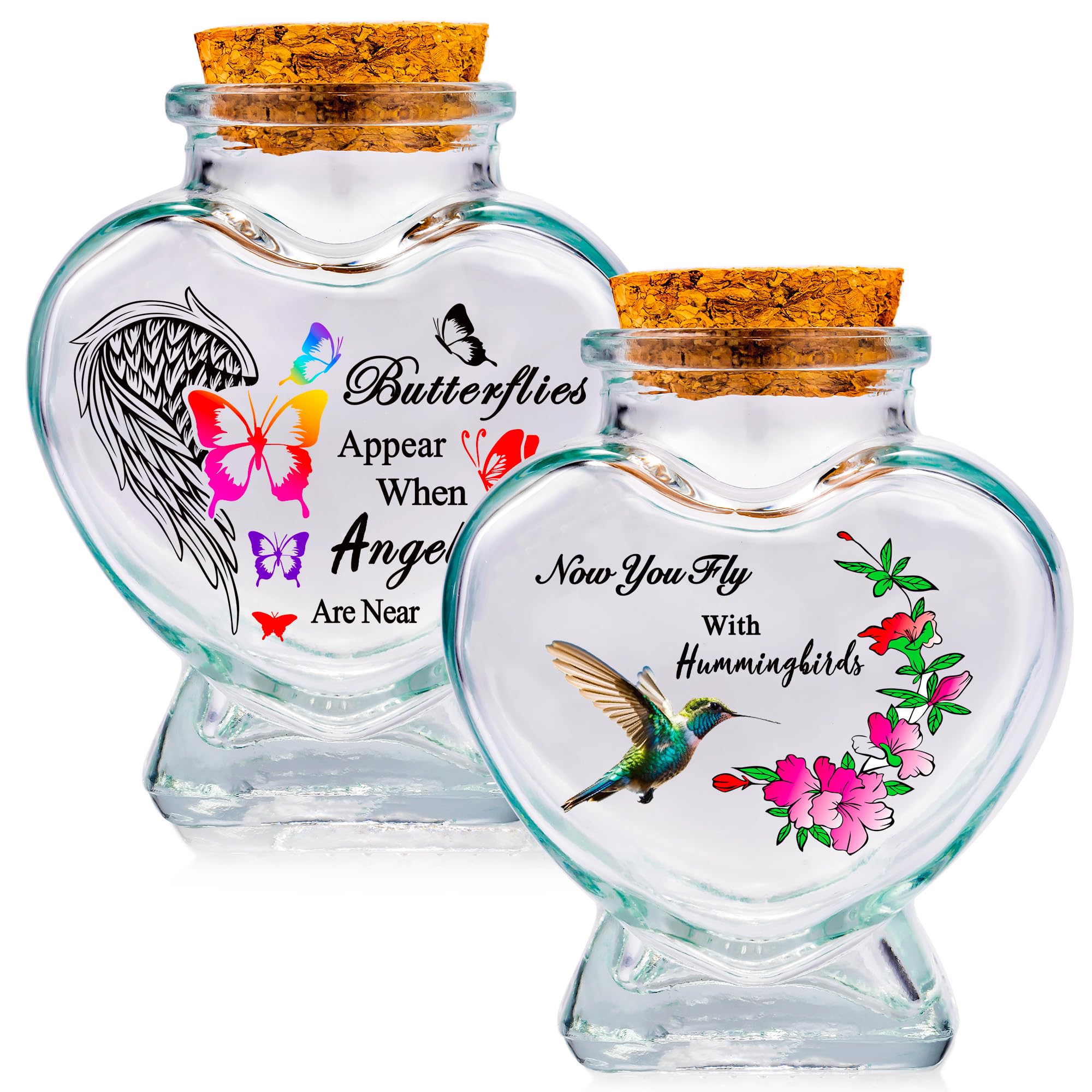 Butterfly Urns for Ashes - Set of 2- Small Keepsake Urns for Pet Ashes, Glass Bottles With Cork Stopper Memorial Ashes Holder for a Pets Fur Hummingbirds Little Bottles Jar Sympathy Gift