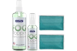 PURITY LENS CLEANER Purity Fog Stopper and Lens Cleaner Kit (For Non-AR Coated Lenses) - 1 x 8oz and 1 x 2oz Anti Fog Spray + 2 Microfiber Cleaning Cloths - Fog Blocker and Anti-Static Glass and Lens Cleaning Spray