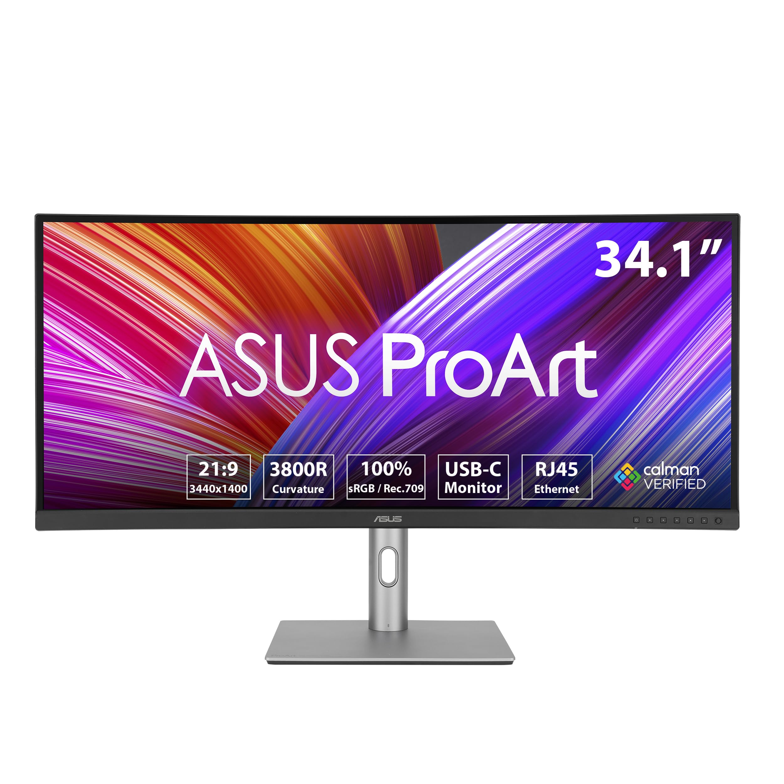 ASUS ProArt PA34VCNV - 34 Zoll UWQHD Professioneller Curved Monitor - 21:9 IPS, 3440x1440, 60 Hz - ergonomisch, Calman, hohe Farbtreue, HDR 10 - RJ45, DisplayPort, HDMI, 96W USB-C, USB-Hub, Speaker