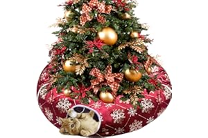 LUCKITTY Plush Snowflake Pattern Cat Tunnel Bed Under Christmas Tree with Premium Gold Foil & Hanging Plush Ball, 10-Inch Diameter 3-Ft Wide Round - Divert Cats from Decor Red Color