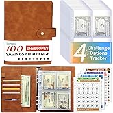 DONBAO 100 Envelopes Money Saving Challenge Binder, A5 Budget Binder with Envelopes and Challenge Tracker, Savings Challenges Planner Book to Save $500, $1000, $5050, $10000 (Brown)