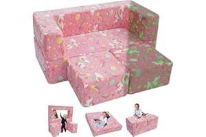 MeMoreCool Modular Kids Sofa,Toddler Play Couch Fold Out for Playroom, Glow in Dark Convertible Plush Unicorn Foam Chair for Baby Childrens