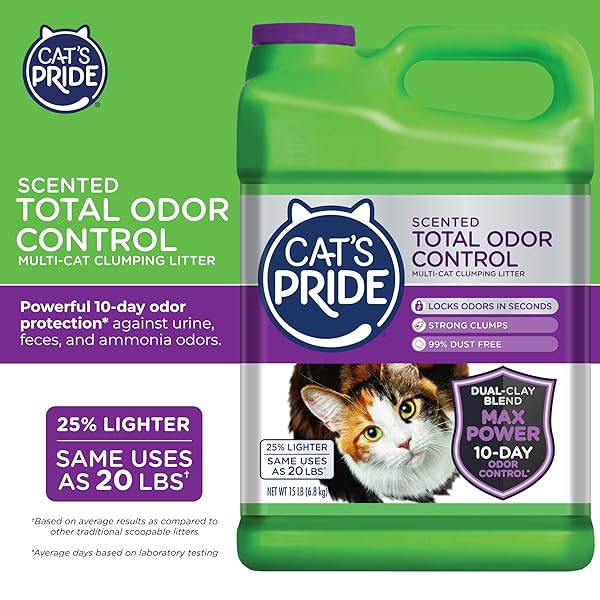 CAT’S PRIDE MAX POWER: TOTAL ODOR CONTROL – UP TO 10 DAYS OF POWERFUL ODOR CONTROL – STRONG CLUMPING – 99% DUST FREE – MULTI-CAT LITTER, SCENTED, 15 POUNDS