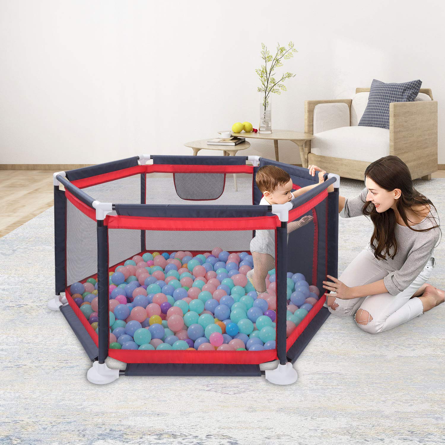 Baby Playpen, Playard for Babies, GrowthPic Safety Play Yard with Sturdy Bases, Lightweight and Washable, Navy Blue, 6-Panel,Skid-Resistant Pads, for Activity and Entertainment