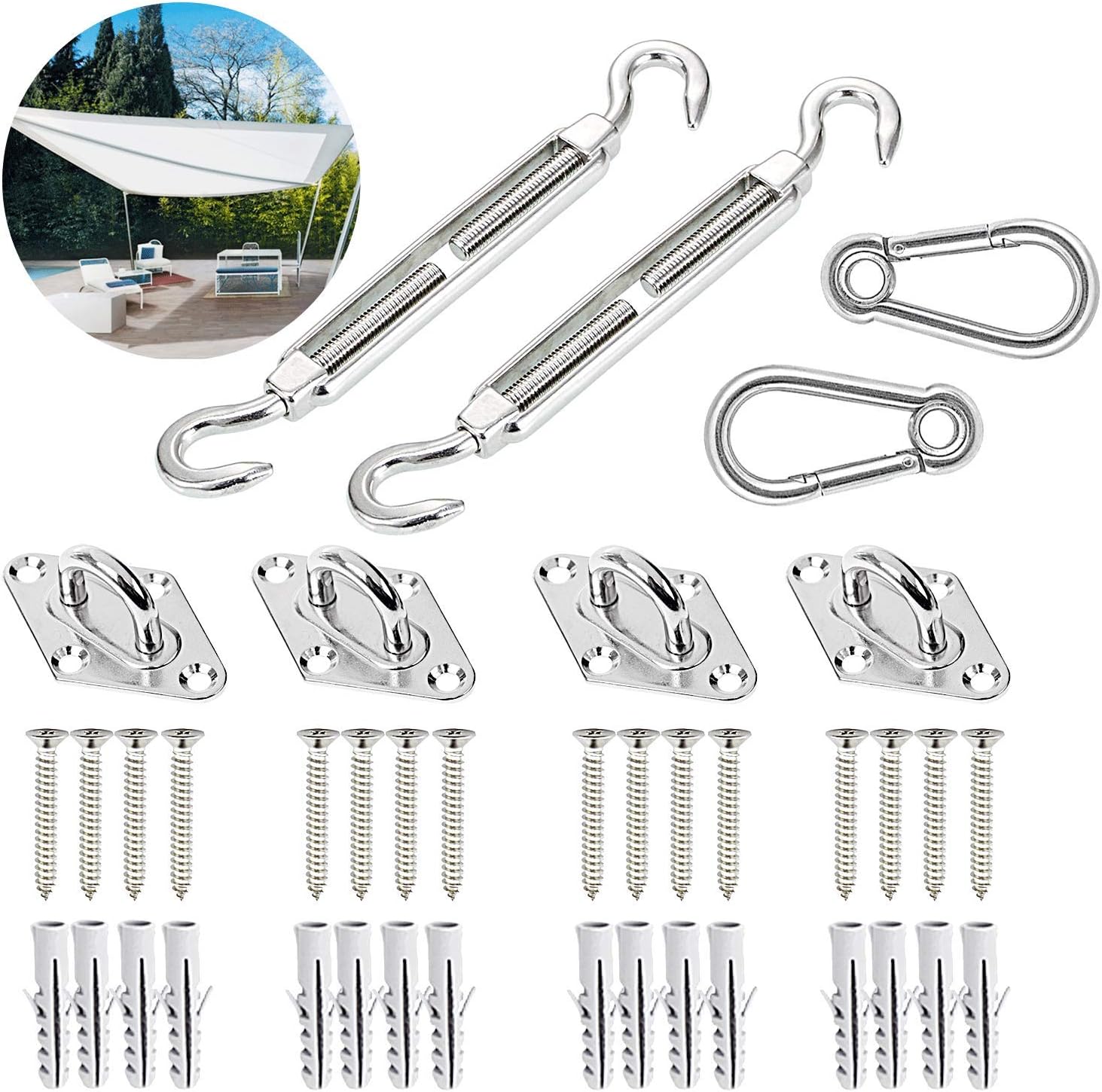 Aurorali Heavy Duty Sun Shade Sail Fixing Kit for Garden Patio Rectangle and Square Sun Shade Sail Installation, 304 Stainless Steel (M6 40Pcs)
