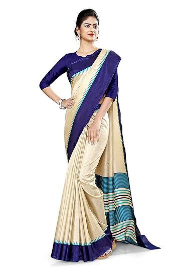Uniform Sarees Corp Womens Gala Border Polycotton CotFeel Institution Uniform Saree With Blouse (Beige;Navy Blue)