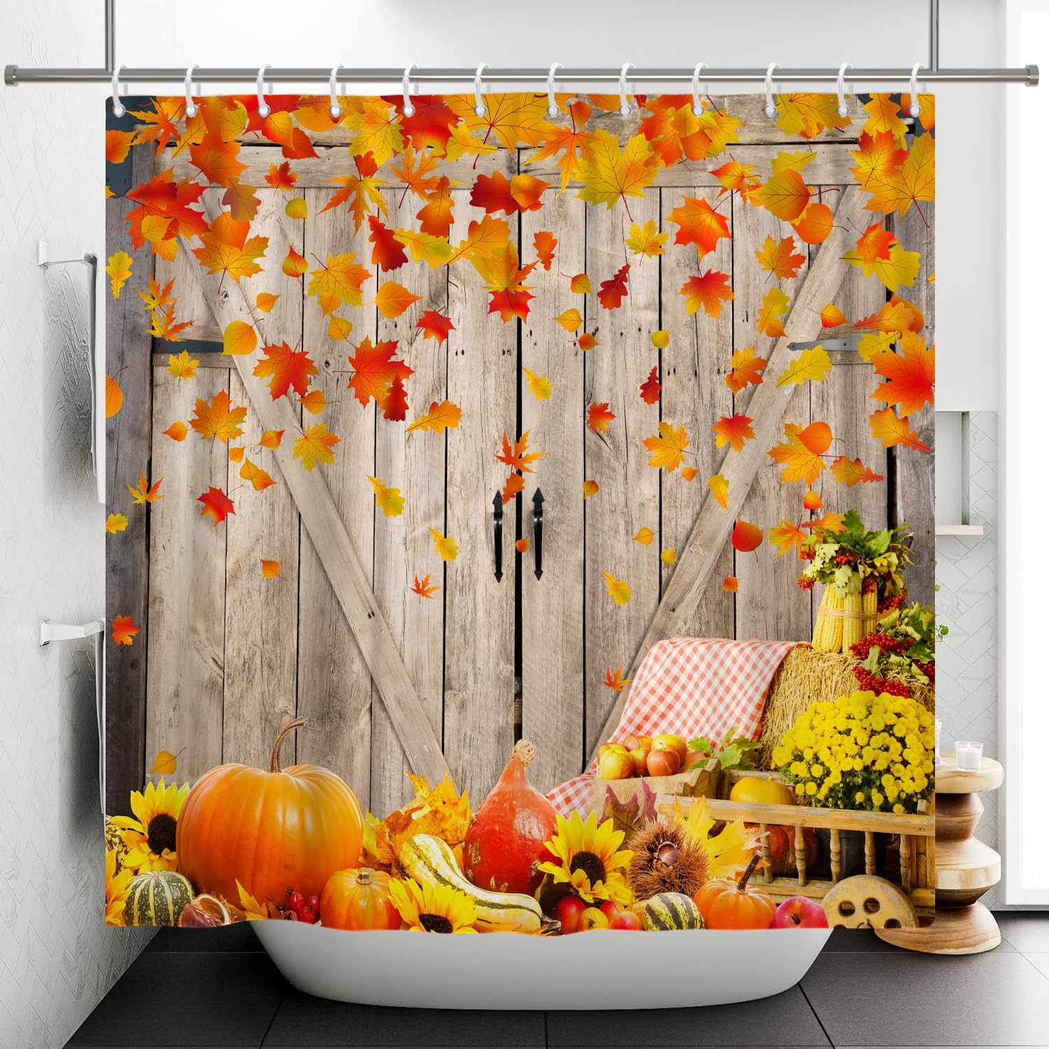ASDCXZ Leaves Shower Curtain 180x180 cm, Waterproof Fabric Shower Curtains, Autumn Winter Retro Wood Maple Leaves Plant Flowers Outdoor Washable Polyester Bathroom Shower Curtain with 12 Hooks
