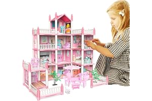 LEJIATEC Dream Doll House, Doll House for Girls, 4 Story 11 Rooms Dollhouse with 4 Dolls, Dollhouse Furniture Accessories with Light, Toddler Playhouse Gift for 3 4 5 6 7 8 9 10 Year Old Girls Toys, Pink
