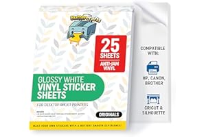 BUTTERCRAFTS Glossy Printable Vinyl Sticker Paper Waterproof 25 Sheets 8.5"x11", Inkjet Printer (Non-Epson)- White Vinyl Sticker Sheets - Strong Adhesive