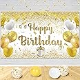 Gold and White Happy Birthday Party Decorations - Large Banner for Women Men Girls - 70.8x43.3 Inch