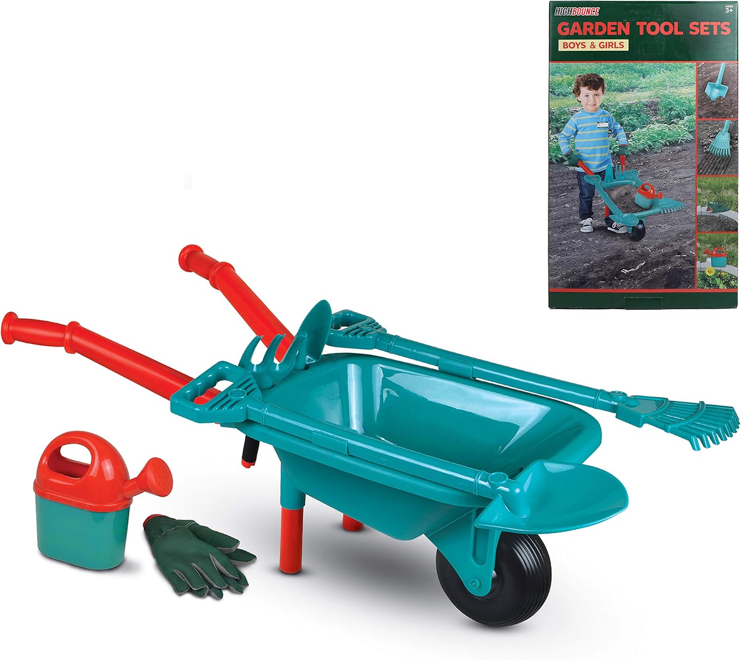 Amazon High Bounce 子供用 プラスチック手押し車 ガーデンアクセサリー付き ガーデニンググローブ 水やり缶 ショベル ホー レーキ フォーク 帽子 アクション スポーツトイ おもちゃ